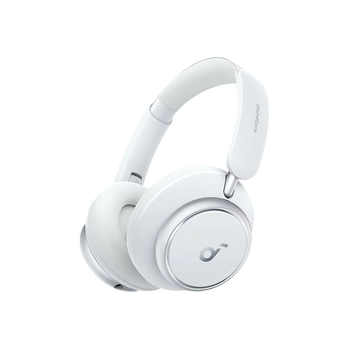 Weiße Soundcore Over-Ear-Kopfhörer vor weißem Hintergrund mit silbernem Logo und Space Series Schriftzug.
