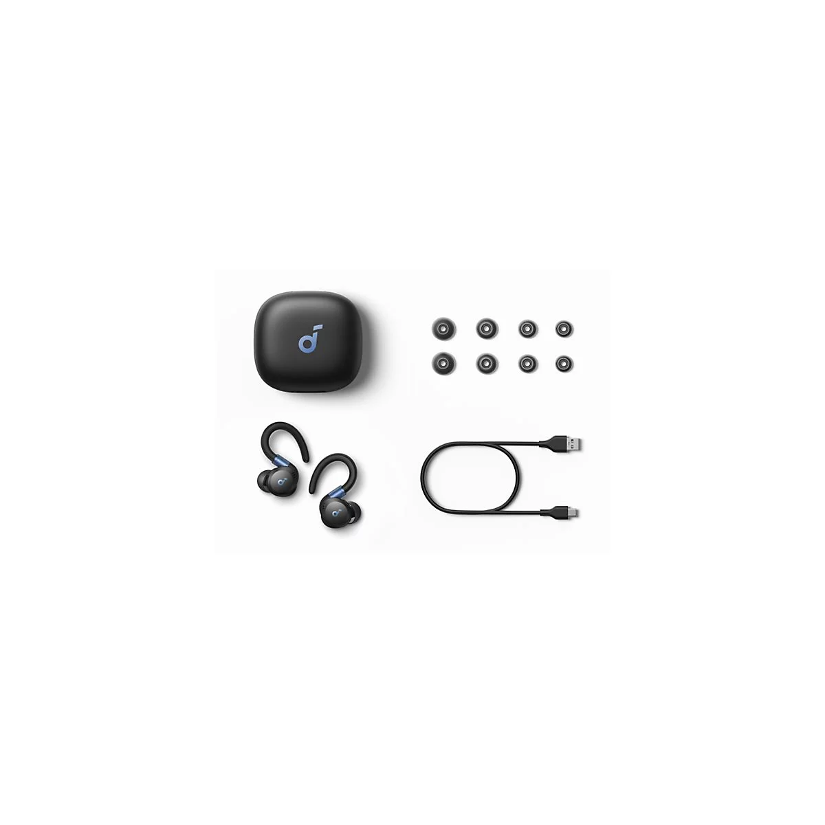 Schwarze Soundcore Ohrhörer mit Ladecase, USB-Kabel und acht zusätzlichen Ohrpassstücken auf weißem Hintergrund.