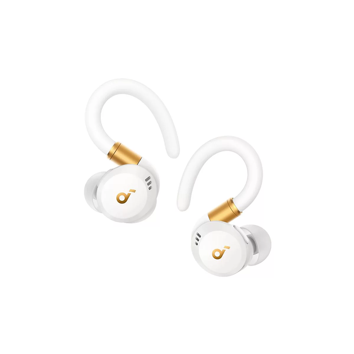 Zwei weiße In-Ear-Kopfhörer mit goldenen Details und Ohrbügeln vor weißem Hintergrund.