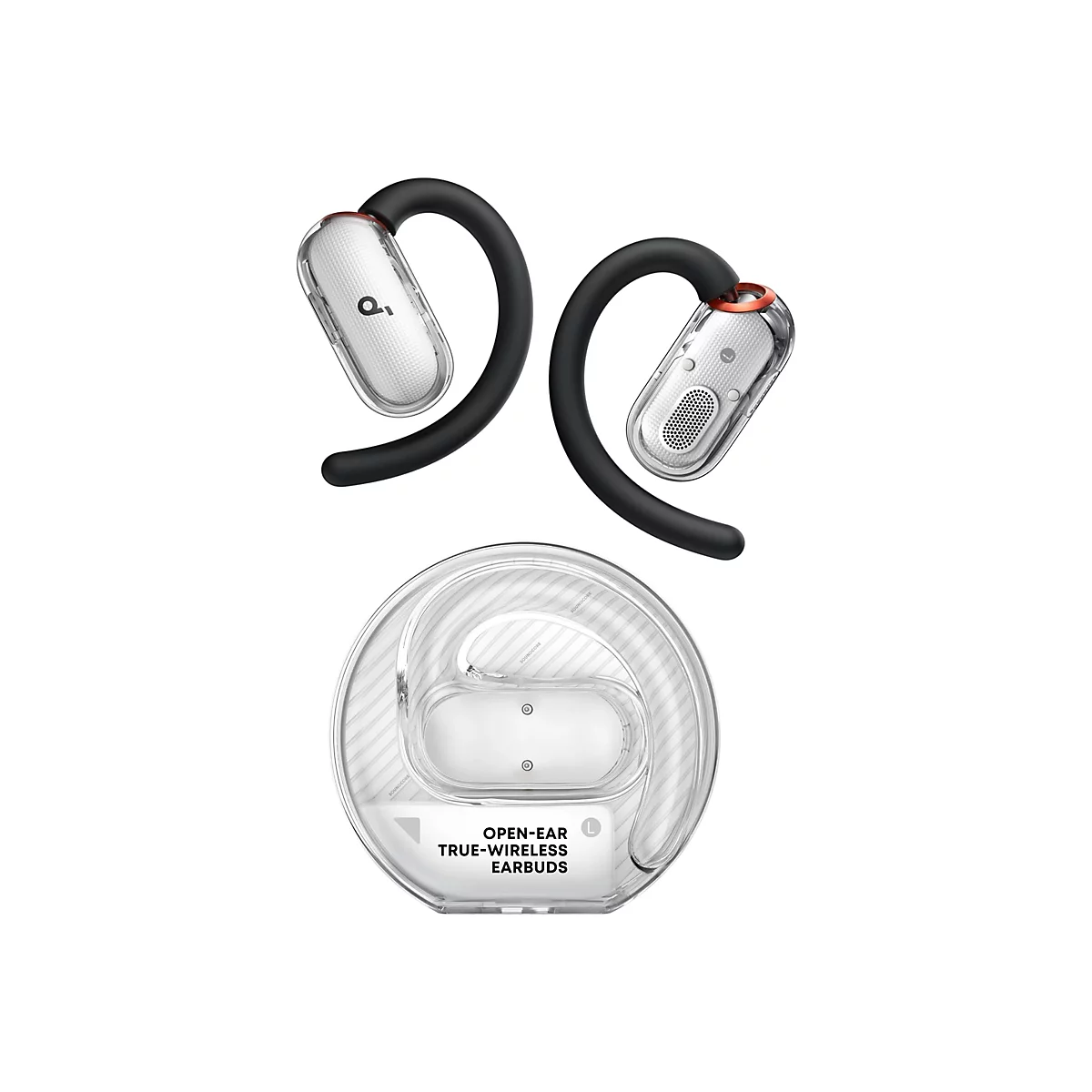 Weiße Open-Ear Ohrhörer mit schwarzem Ohrbügel und Ladecase auf weißem Hintergrund.