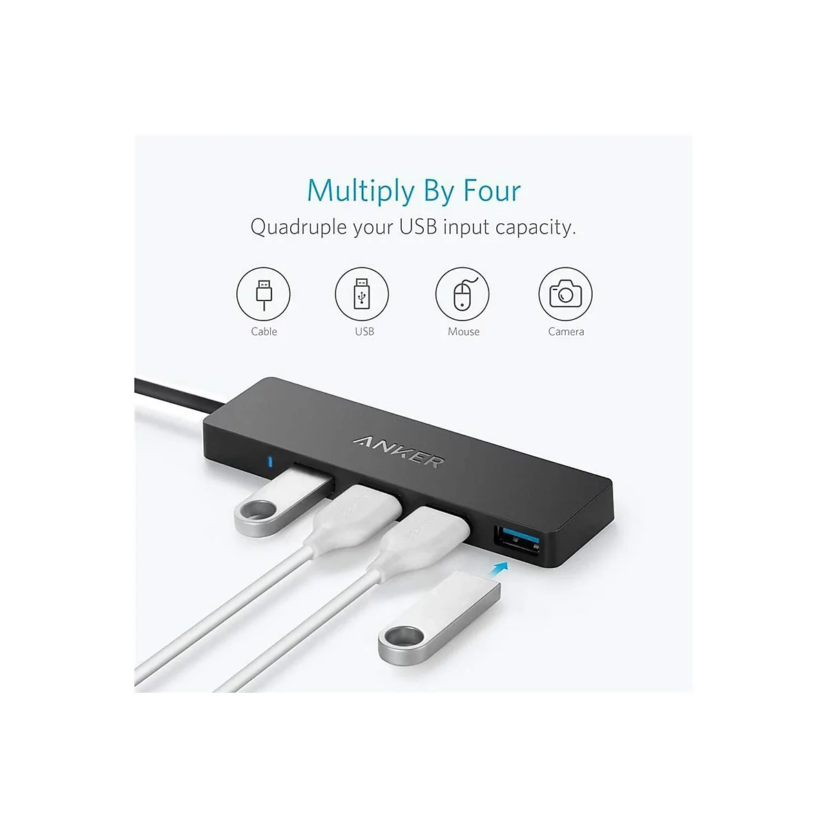 Schwarzer Anker USB-Hub mit vier Anschlüssen, an den Kabel und USB-Sticks angeschlossen werden.