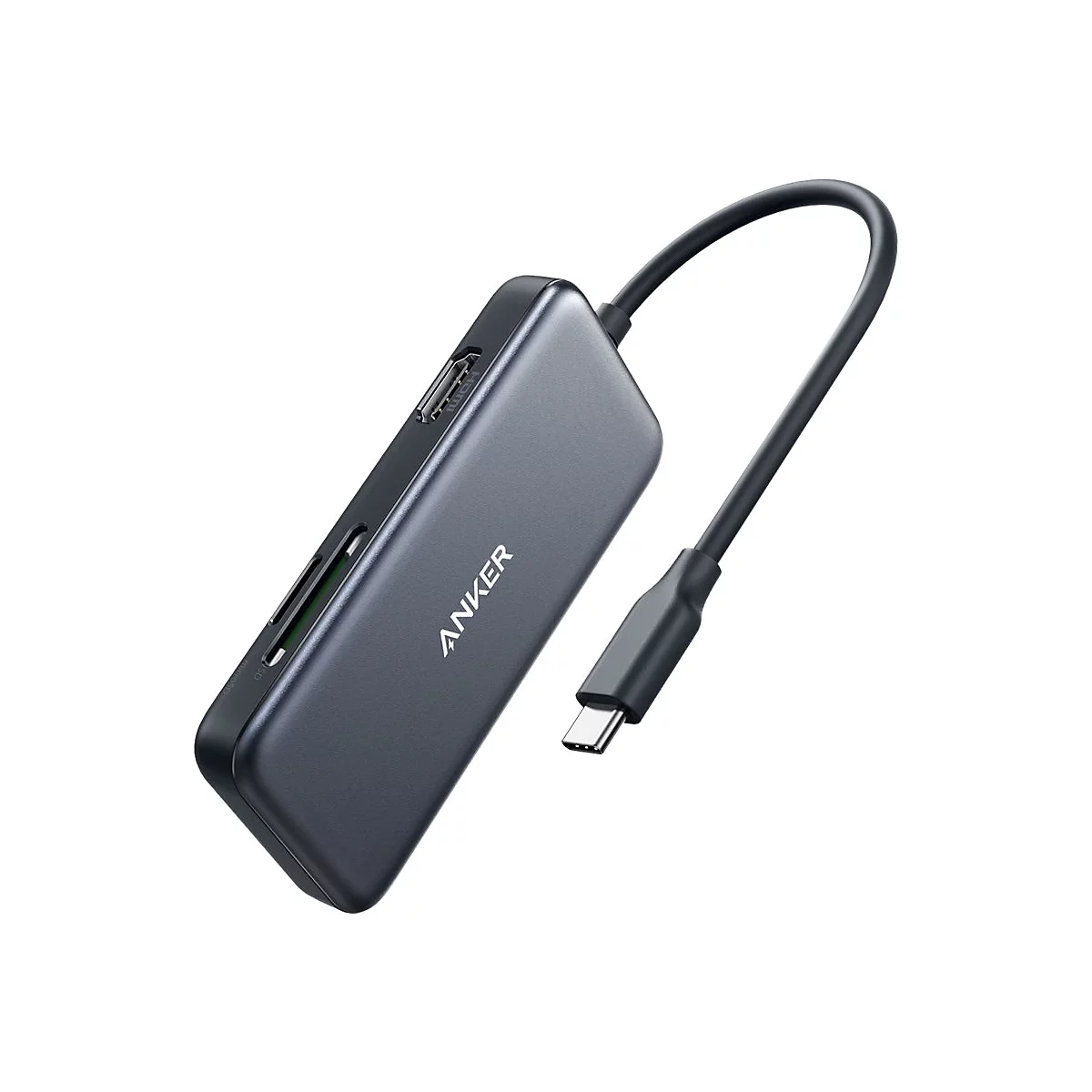 Dunkelgrauer Anker USB-C-Hub mit HDMI-Anschluss und SD-Kartenslots vor weißem Hintergrund.