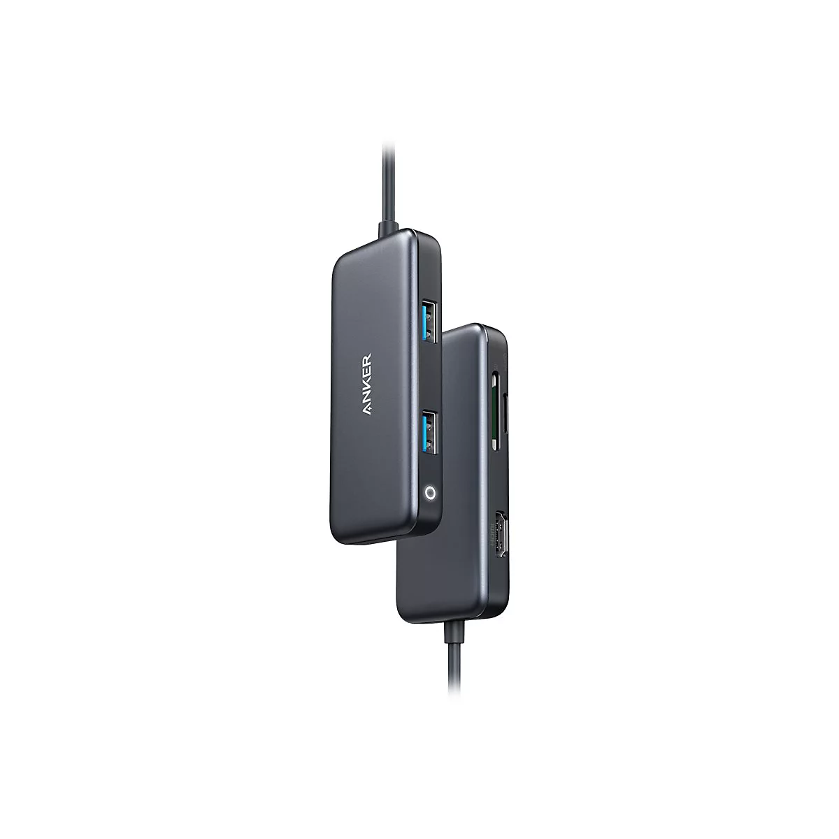 Zwei graue Anker USB-C Hubs mit verschiedenen Anschlüssen auf weißem Hintergrund.