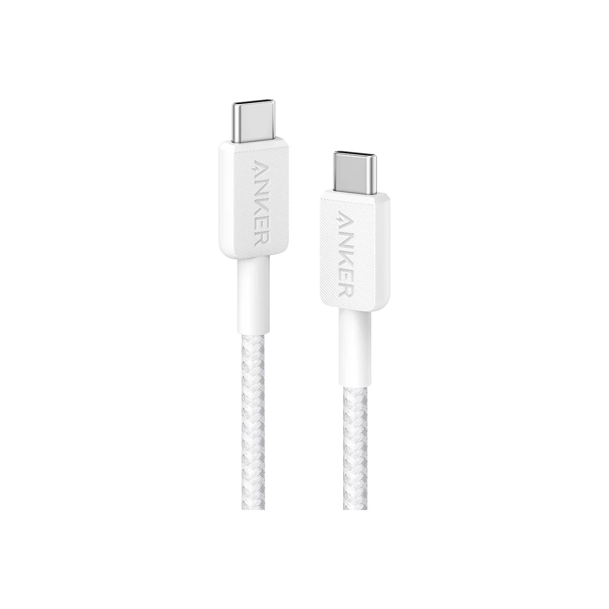 Zwei weiße Anker USB-C Ladekabel mit geflochtener Ummantelung vor weißem Hintergrund.