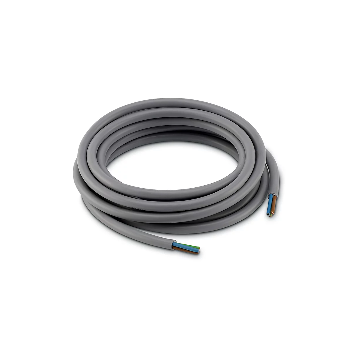 Graues Kabel, aufgerollt, mit freiliegenden Drähten an den Enden, isoliert auf weissem Hintergrund.