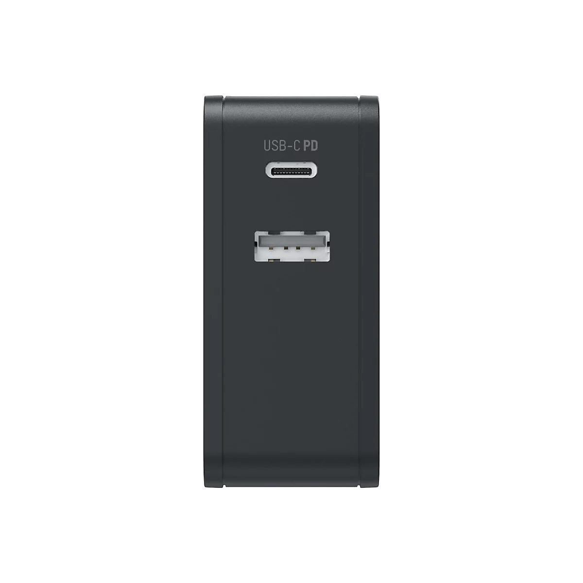 Schwarzes Wandladegerät mit einem USB-C PD Anschluss oben und einem USB-A Anschluss darunter.