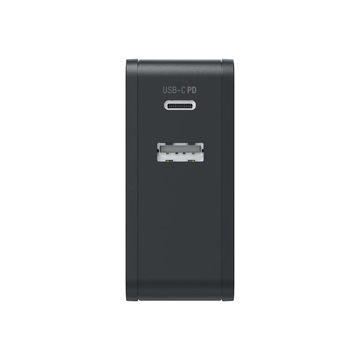 Schwarzes USB-Ladegerät mit USB-C PD und USB-A Anschluss vor weißem Hintergrund.