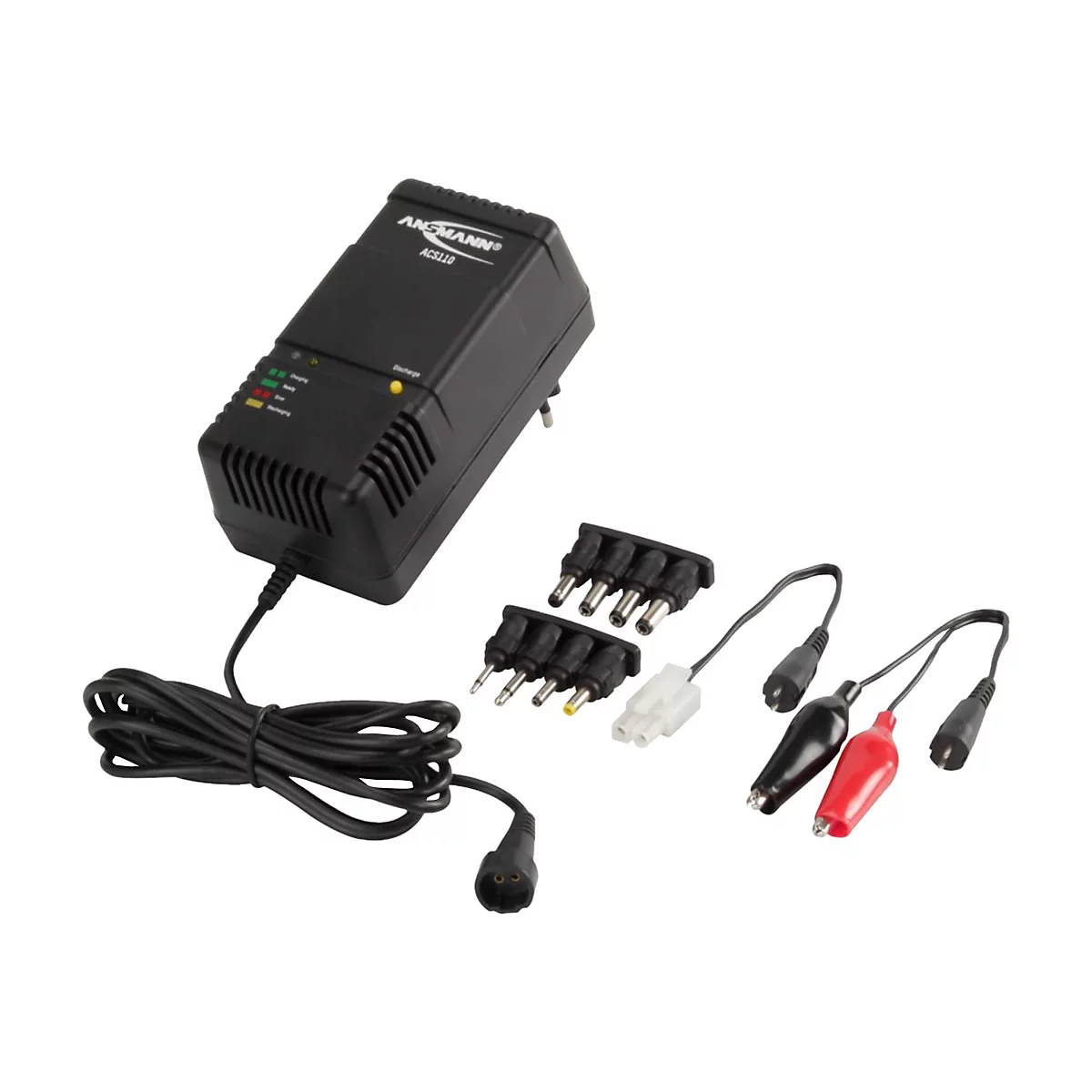 Schwarzes Ansmann ACS110 Ladegerät mit Kabel, Steckern und Krokodilklemmen auf weißem Hintergrund.