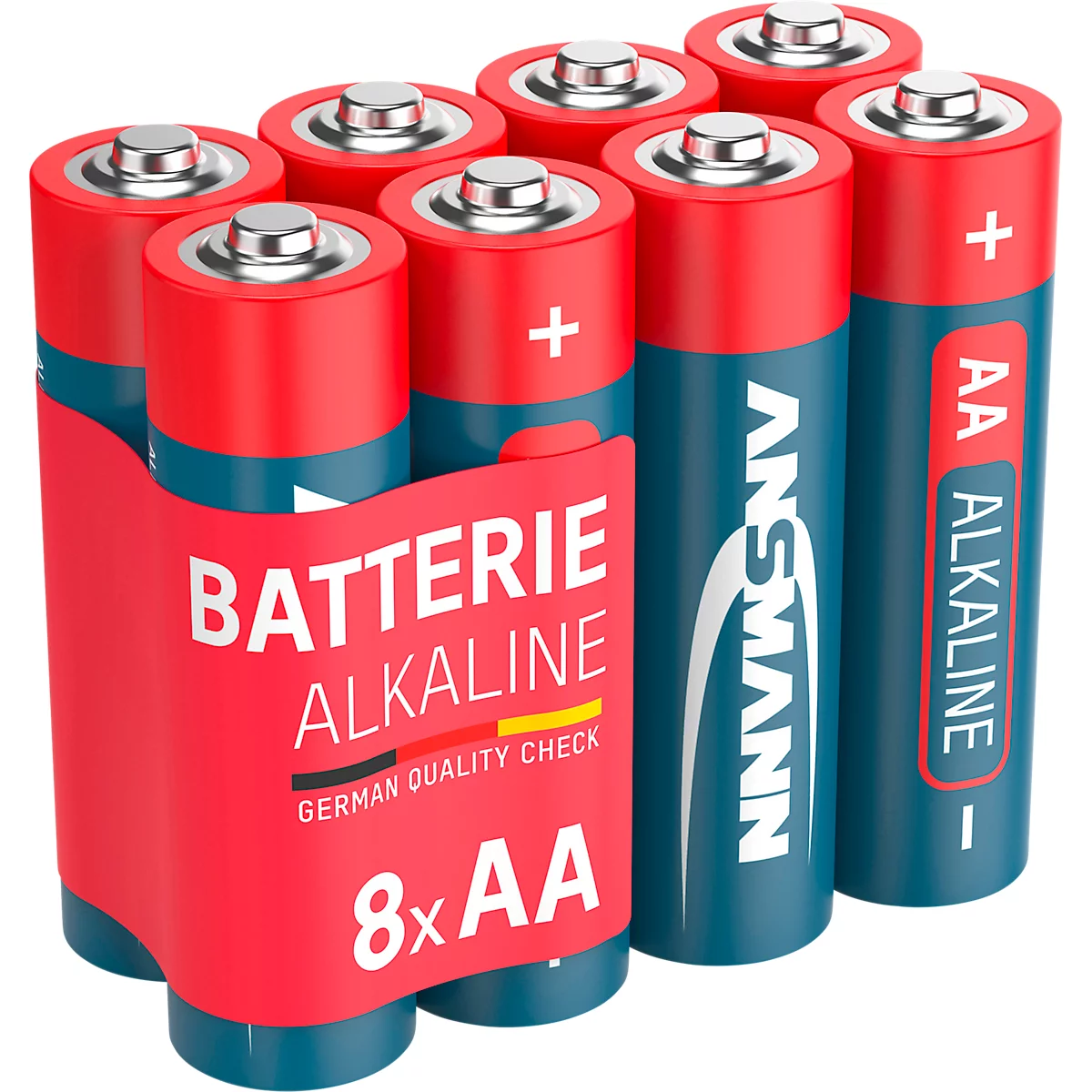 Eight AA alkaline batteries in a pack. The red packaging reads "Batterie Alkaline" and "8x AA".