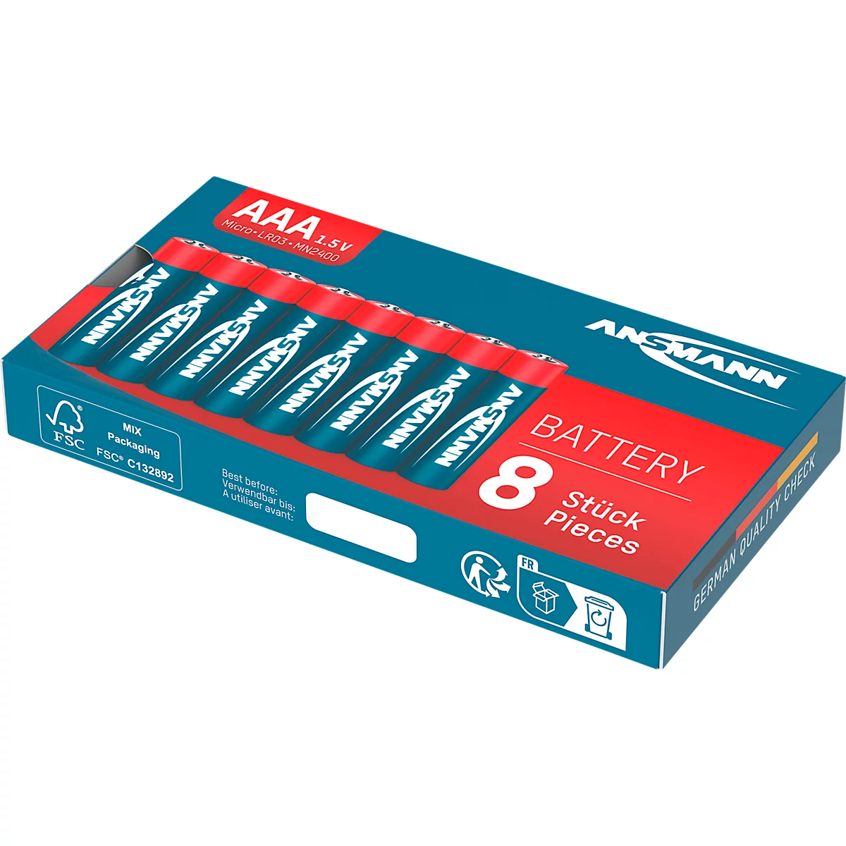 A box of eight AAA batteries in a blue package, with red battery ends, on a white background.