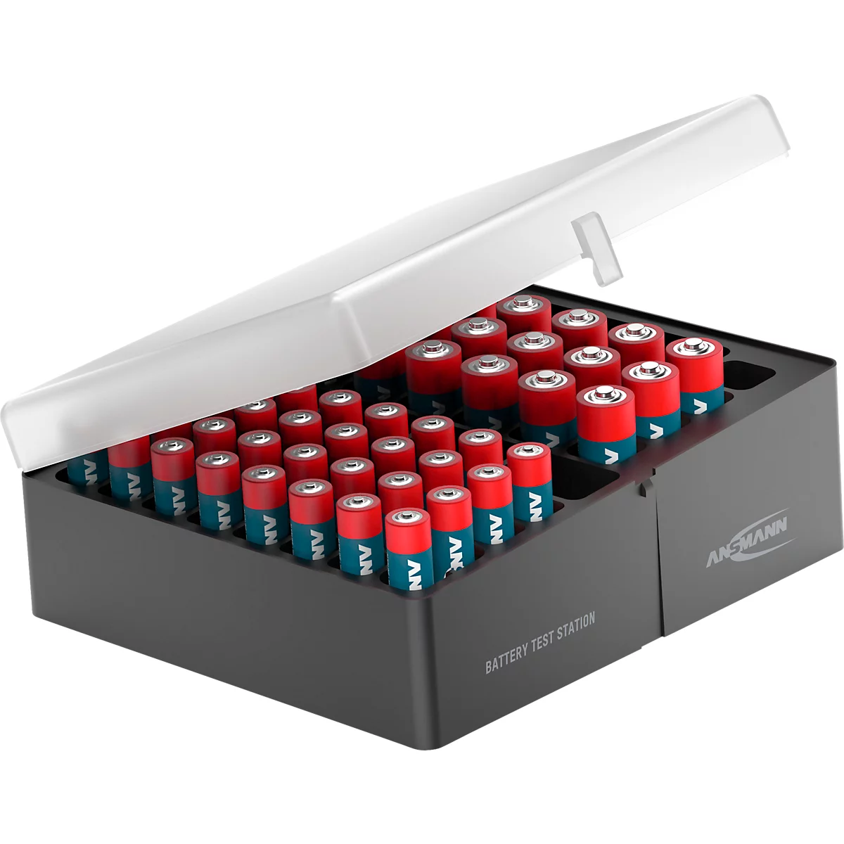 Batterijdoos met rode en blauwe batterijen. Deksel is open. Opschrift: ANMANN, BATTERY TEST STATION.