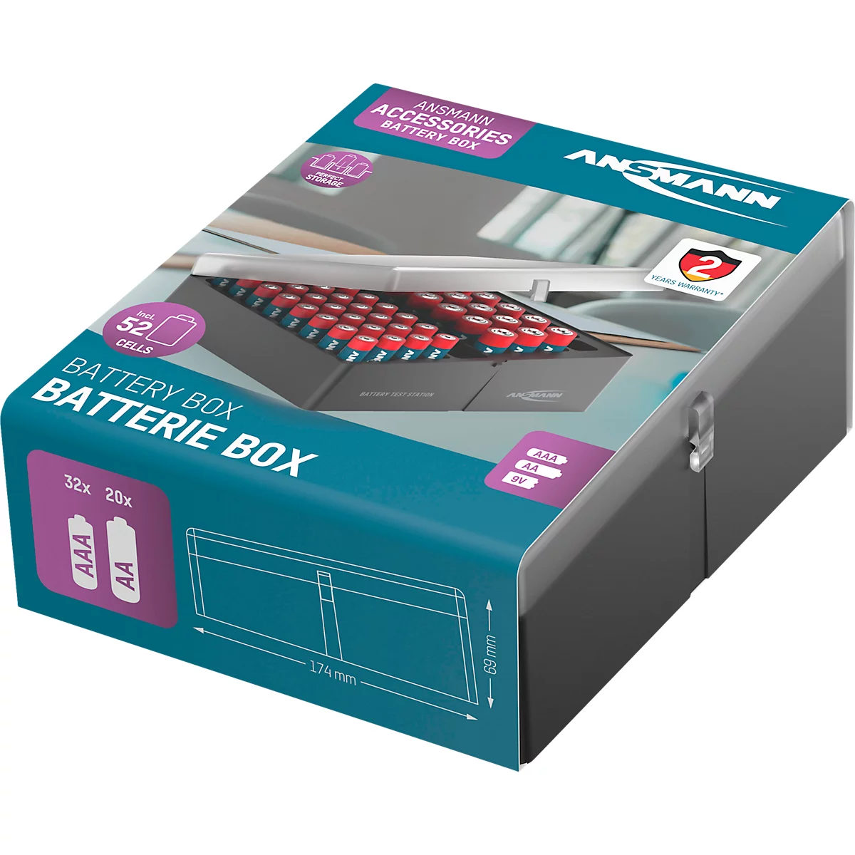 Batterijdoos, gevuld met batterijen. Productinformatie en logo zijn duidelijk zichtbaar op de verpakking.