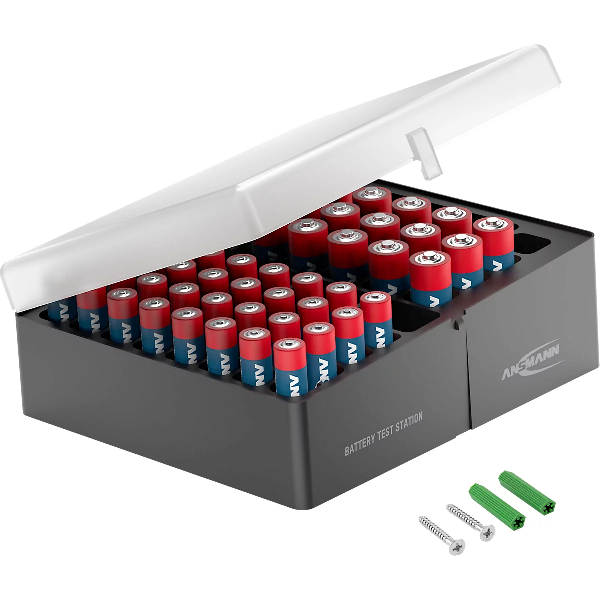 Batterijteststation met veel batterijen en accessoires.