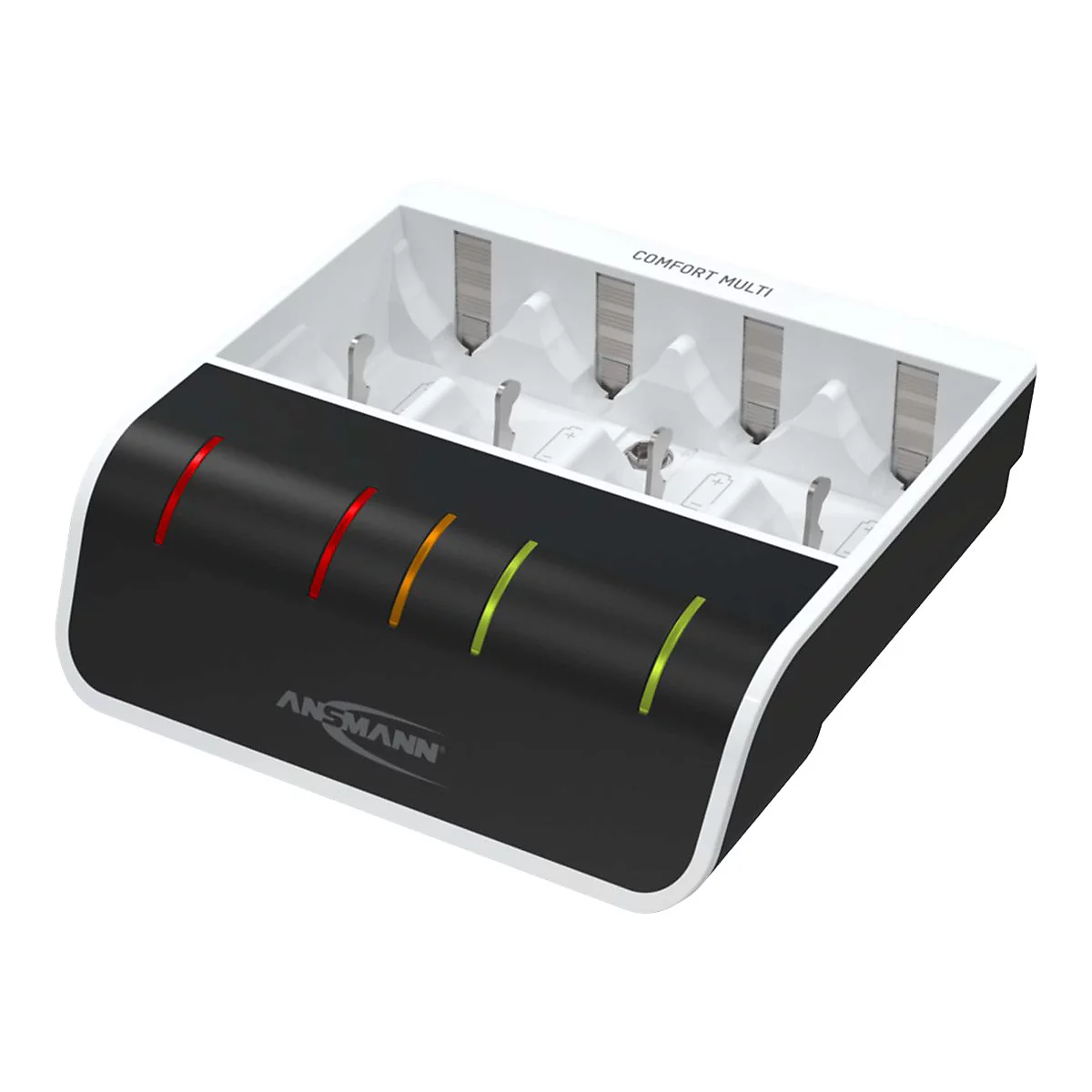 Ansmann Comfort Multi Batterieladegerät in Schwarz und Weiß mit LED-Ladestatusanzeige auf weißem Hintergrund.
