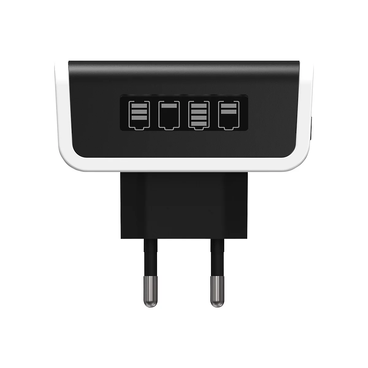Schwarzes Steckernetzteil mit vier Batterie-Anzeigesymbolen auf der Vorderseite vor weißem Hintergrund.