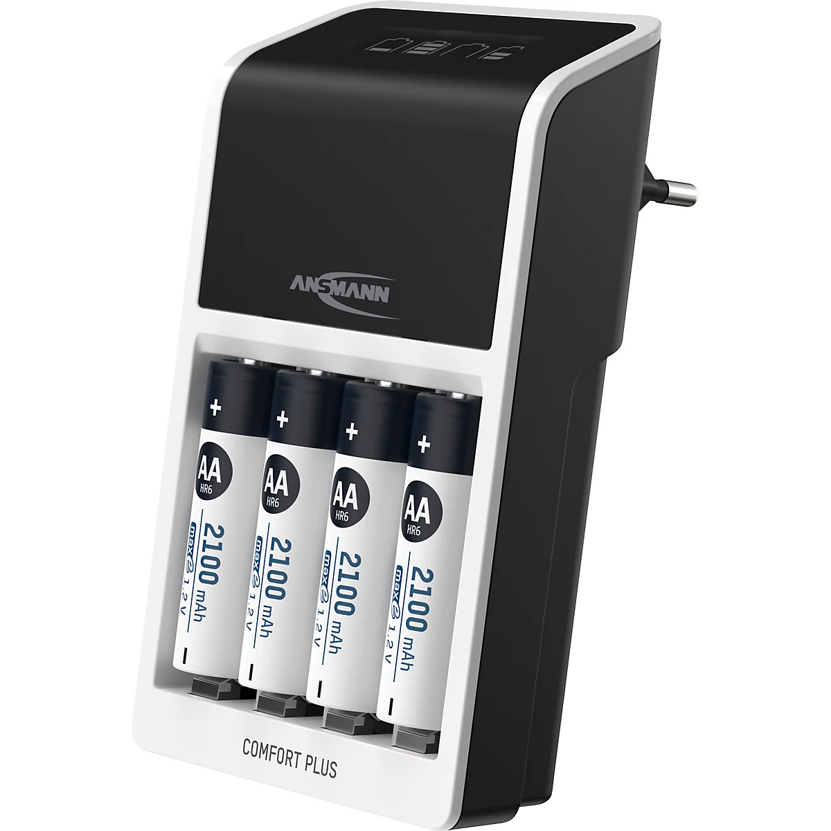 Ansmann Batterieladegerät Comfort Plus mit vier eingelegten AA-Akkus vor weißem Hintergrund.