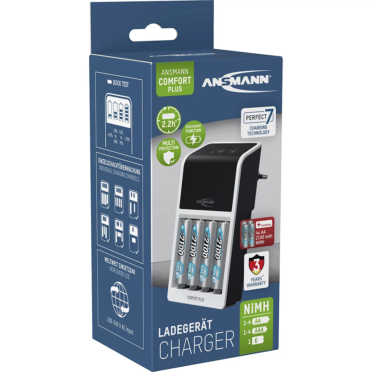 Ansmann Comfort Plus Ladegerät mit vier Akkus in einer blauen Produktverpackung mit technischen Informationen.