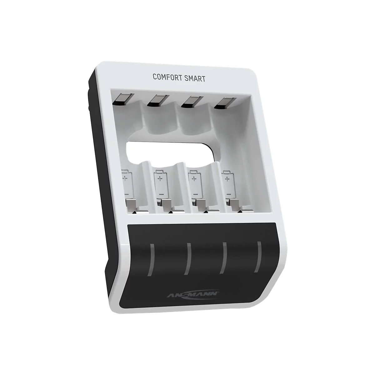 Weißes Batterieladegerät COMFORT SMART für vier Akkus mit schwarzer Frontblende und Ansmann-Logo.