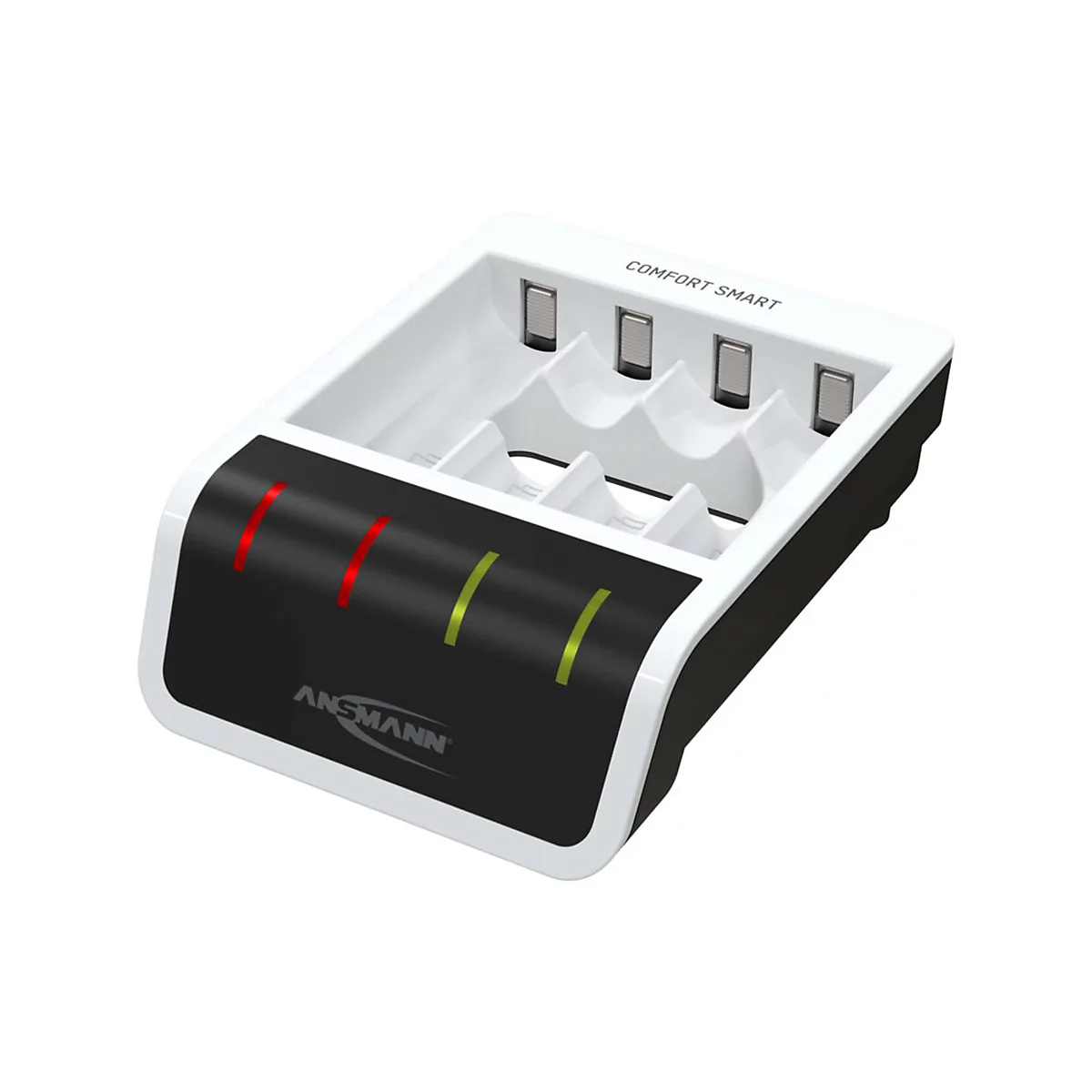 Weiß-schwarzes Ansmann Ladegerät Comfort Smart für vier Akkus mit LED-Statusanzeige vor weißem Hintergrund.