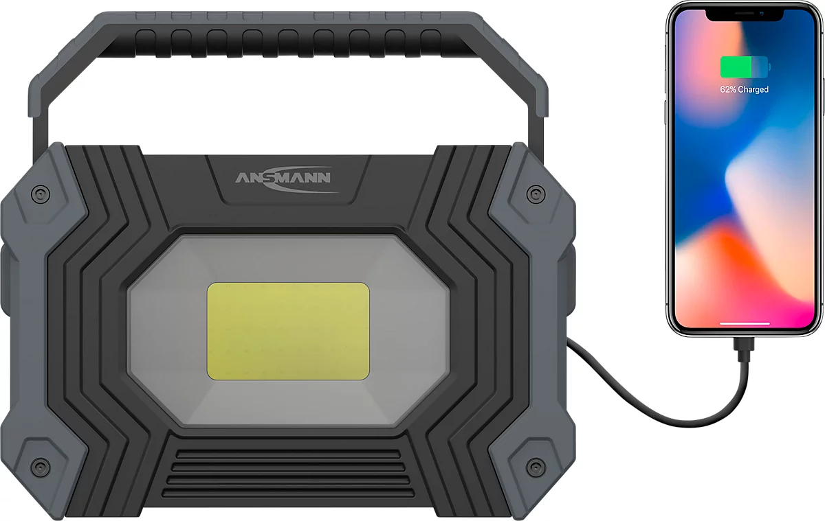 Ansmann FL2500R LED werklamp, 3 lichtstanden, 2400 lumen, IP64, oplaadbare batterij, montagebeugel/draaggreep, B 177 × D 129 × H 44 mm