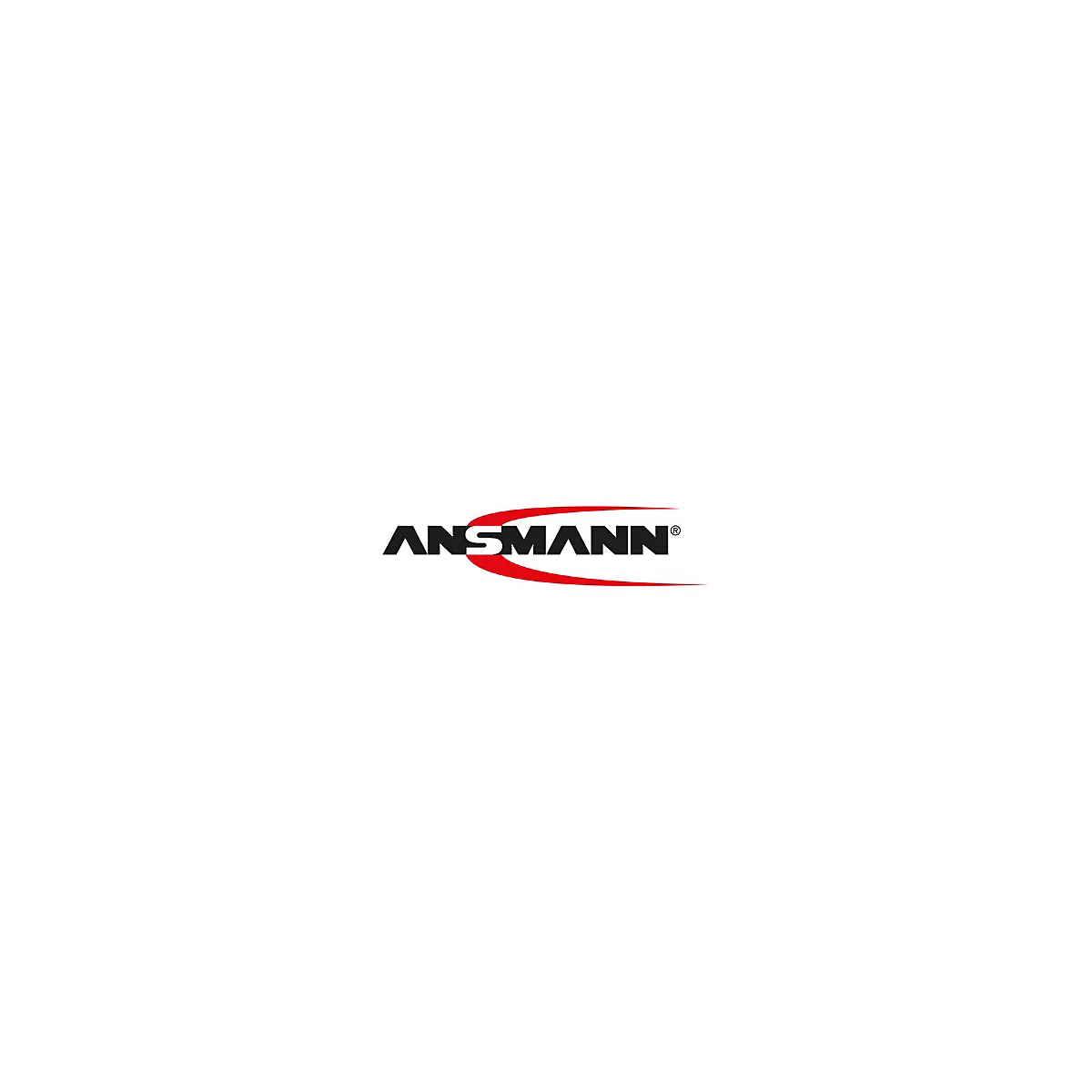 Das Firmenlogo von Ansmann mit schwarzem Schriftzug und rotem geschwungenem Element.