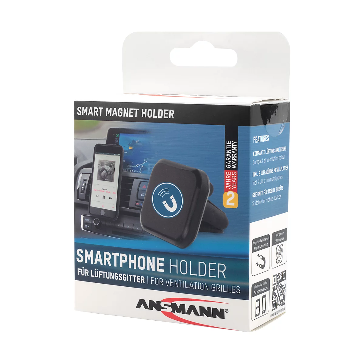 Ansmann KFZ Smartphonehouder, magnetisch, ventilatieroosterhouder, incl. 2 ultradunne metalen platen.