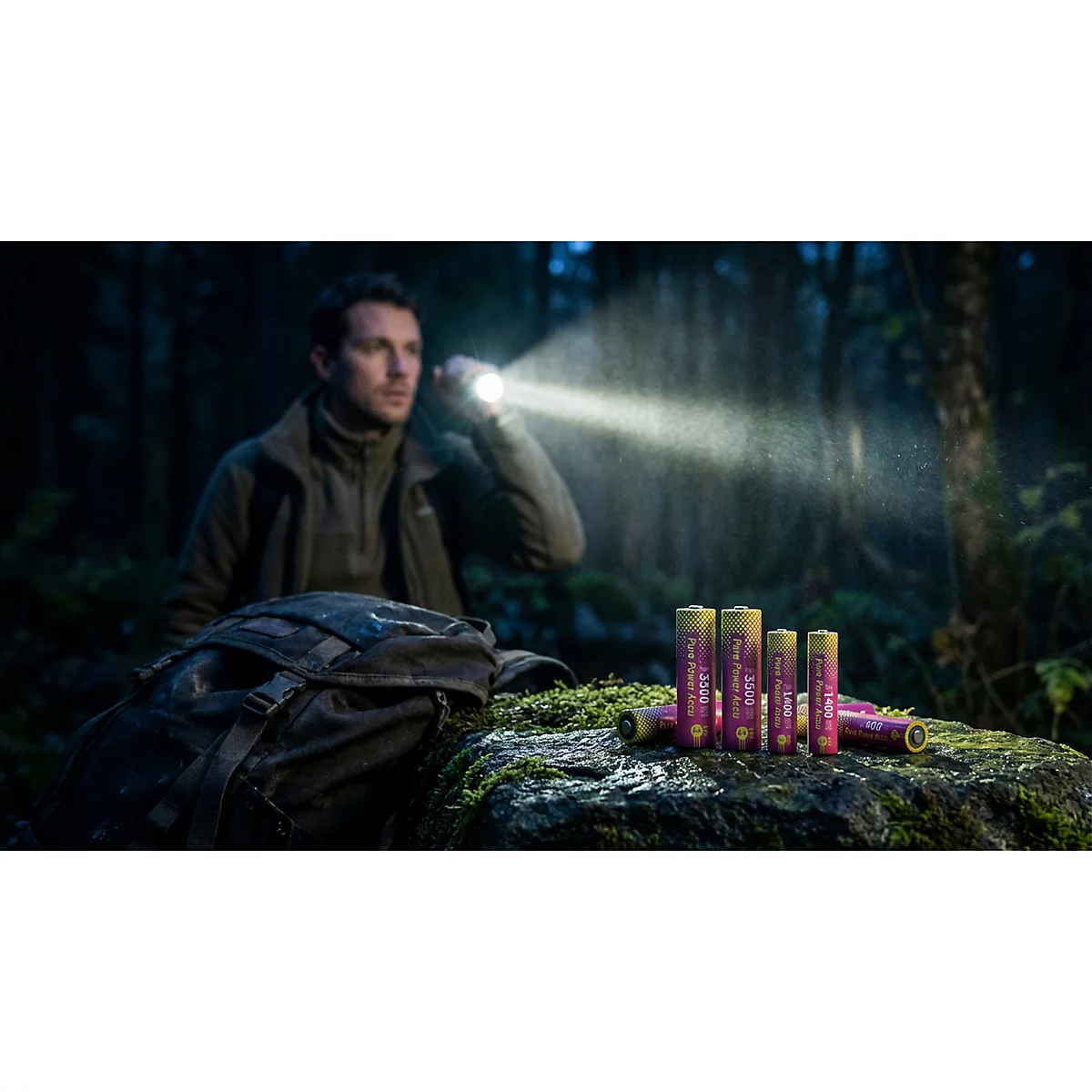 Mann im dunklen Wald leuchtet mit Taschenlampe auf eine Gruppe von Akkubatterien auf einem moosigen Stein.