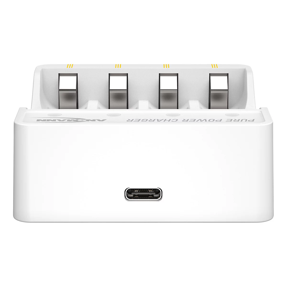 Weißes Ansmann Akkuladegerät für vier Akkus mit USB-C-Anschluss an der Front.
