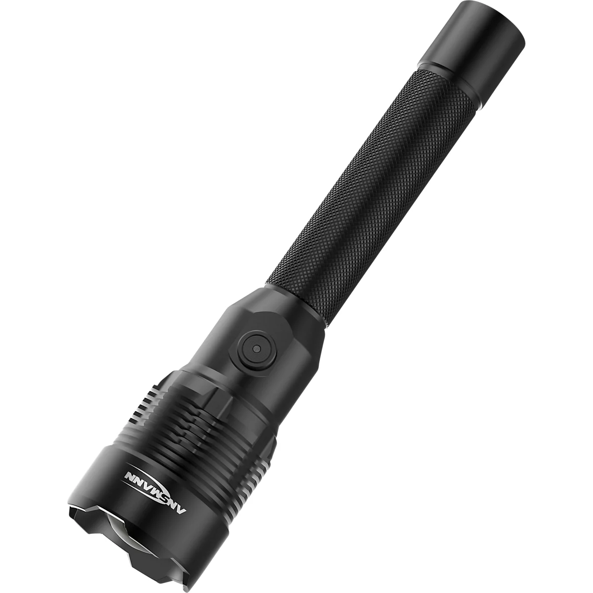 Black flashlight with ribbed handle, on/off button, and 'ANSMANN' lettering.