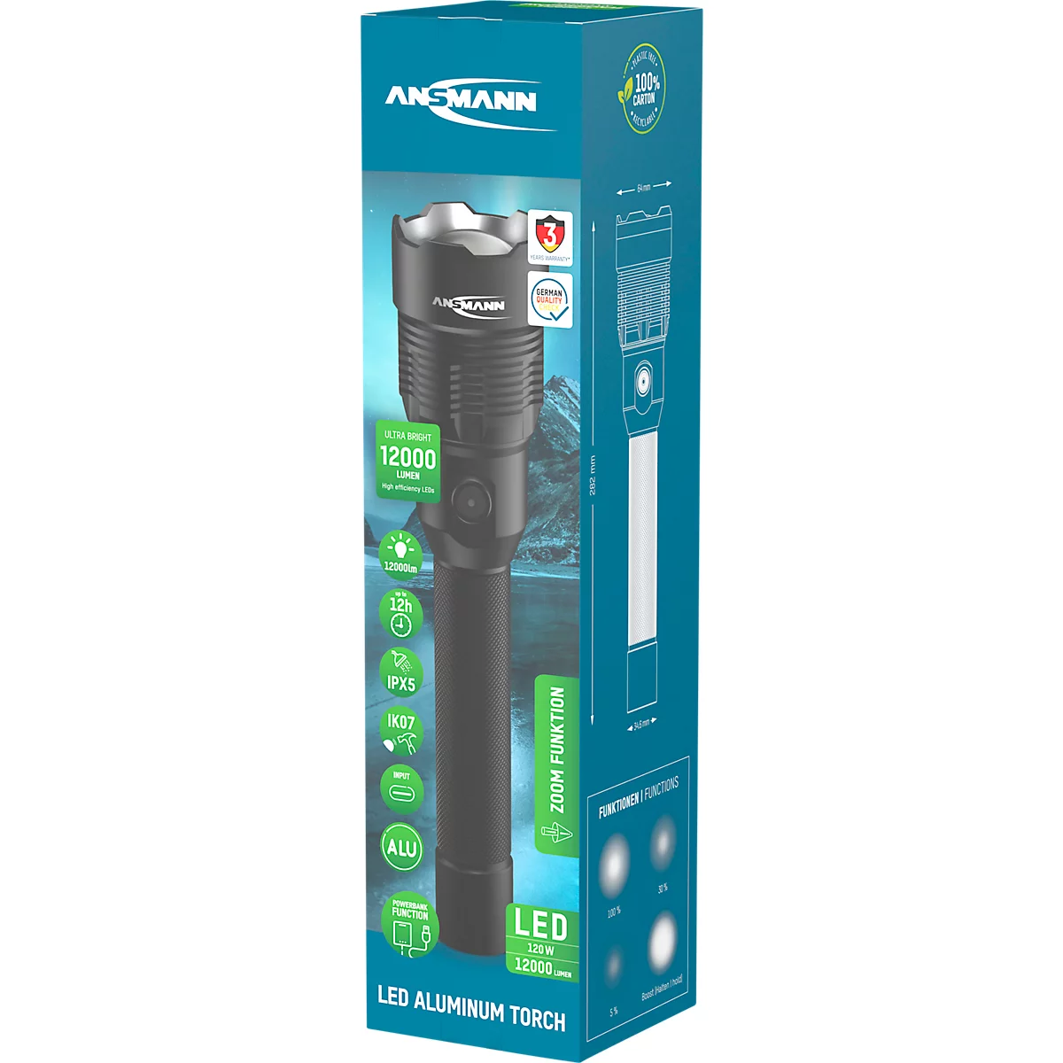 Black LED flashlight in a box with information on brightness, zoom function and protection class. Inscription: ANSMANN, LED Aluminum Torch.