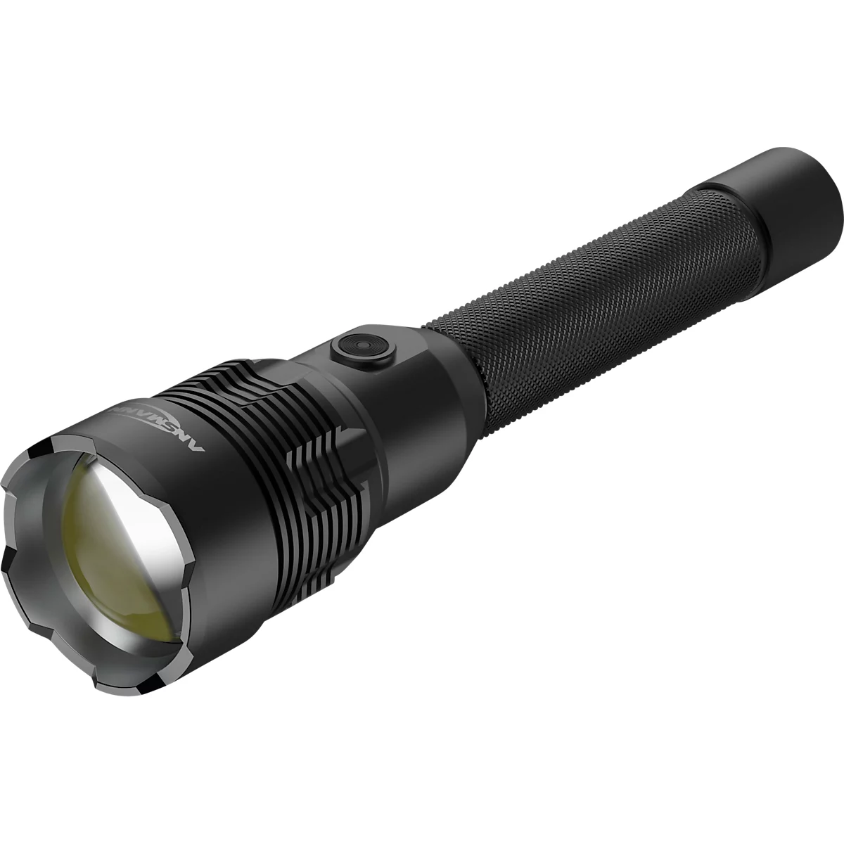 Black flashlight with ridged surface, on/off button.