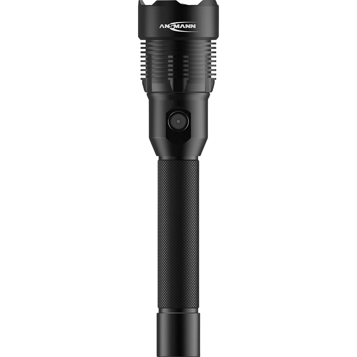 Black flashlight with AN-MANN lettering. It has an on/off switch and a ribbed housing.