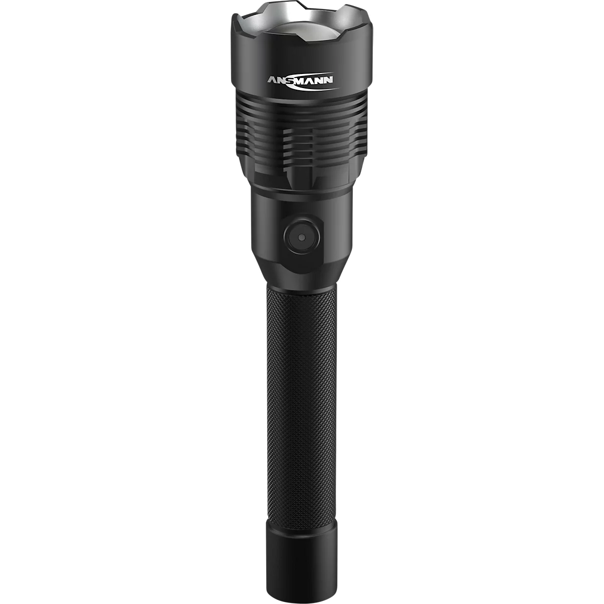 Black LED flashlight with the inscription "ANSMANN" and an on / off switch.