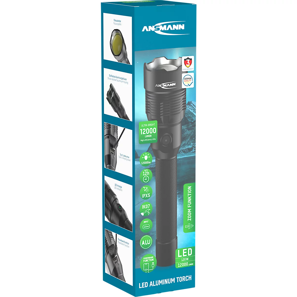 A black LED torch on a packaging box with technical details and product information. On top is 'ANSMANN' with the logo.