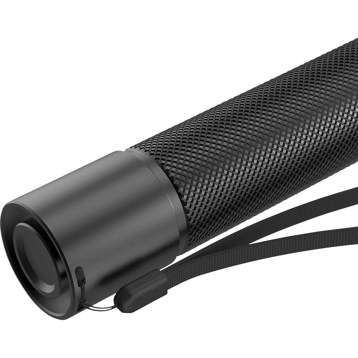 Close-up of a black flashlight with a knurled handle and hand strap.