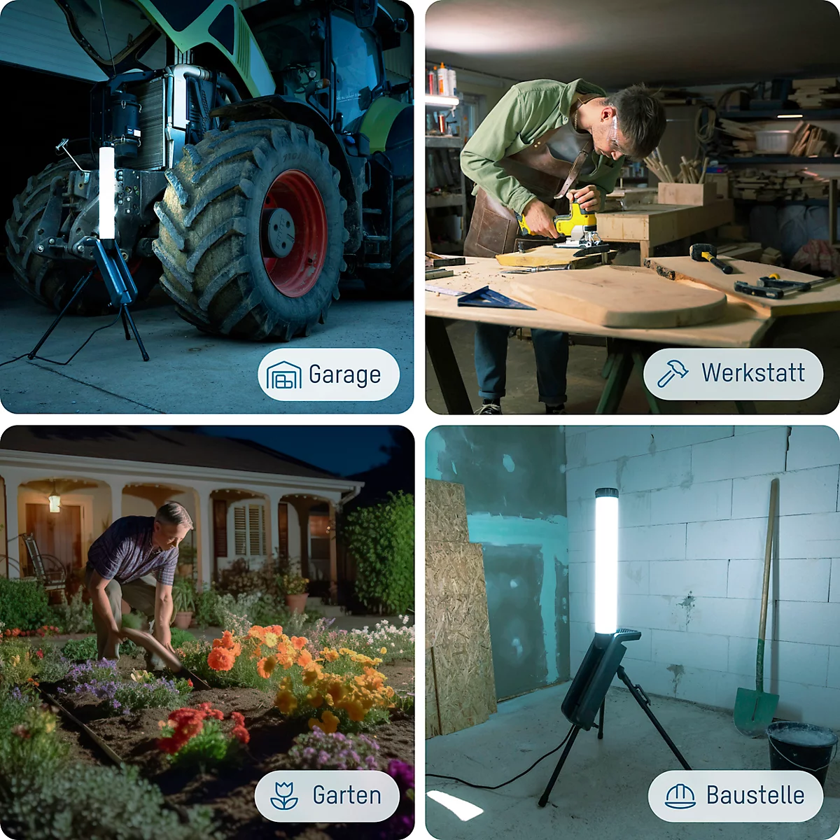ANSMANN LED-Tower WL7000AC Flex, 7000 lumens, angle de rayonnement de 360°, 6500K, IP54, IK07, trépied intégré &amp; prise de courant, noir