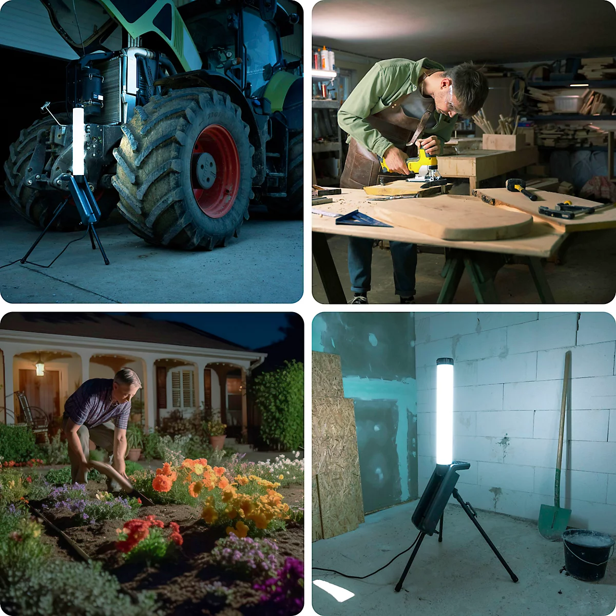 ANSMANN LED-Tower WL7000AC Flex, 7000 lumens, angle de rayonnement de 360°, 6500K, IP54, IK07, trépied intégré &amp; prise de courant, noir