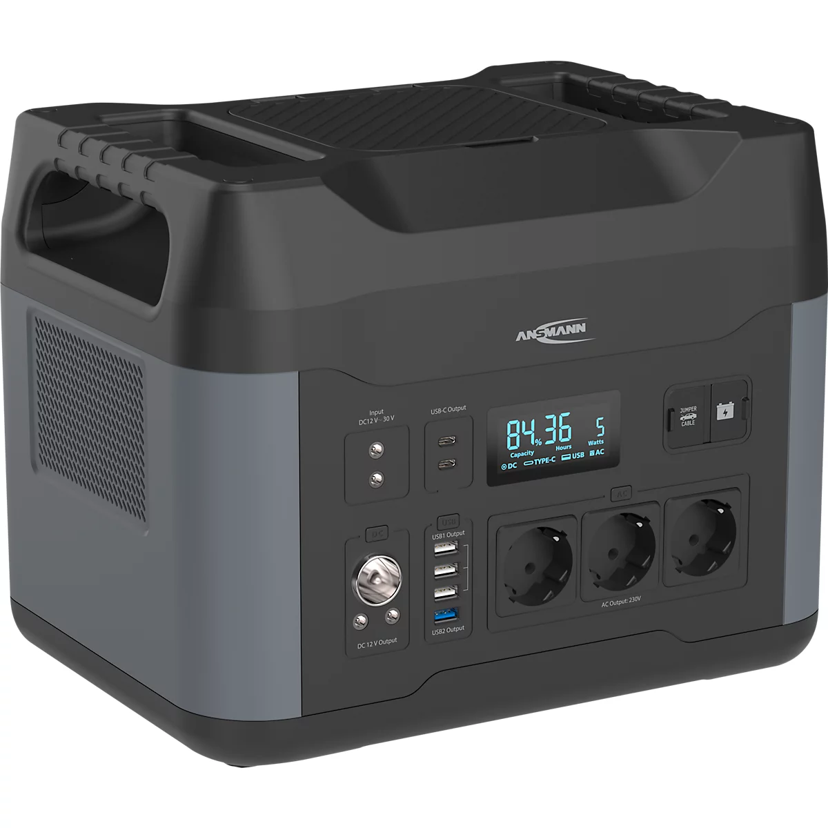 ANSMANN Powerstation PS2200AC, 3x AC Steckdose 2200 W, 2x USB-C, 3× USB-A, 1× USB-A QC, 4 Lademöglichkeiten, LED-Lampe, Tragegriffe, schwarz