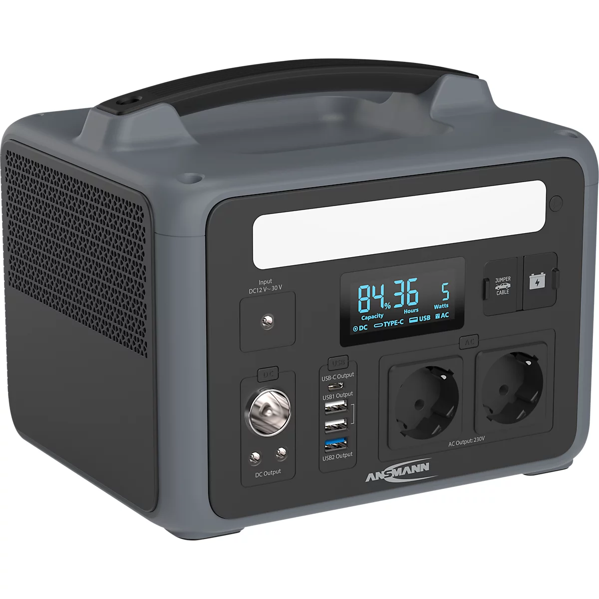 ANSMANN Powerstation PS600AC, 2x AC-aansluiting 600 W, 1x USB-C, 2× USB-A, 1× USB-A QC, 4 oplaadmogelijkheden, LED-lamp, draaggreep, zwart