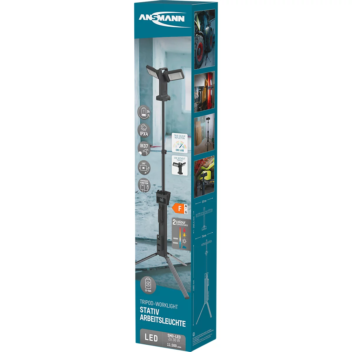 ANSMANN WL11500R Doppel-LED Baustrahler, 11.500 Lumen, 2× 36W-SMD LEDs, Akku- und Netzbetrieb, Verstellbar, Stativ und Magnetfuß, schwarz