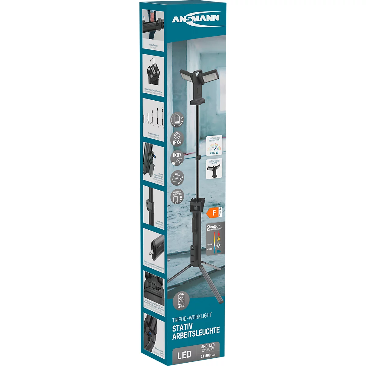 ANSMANN WL11500R Doppel-LED Baustrahler, 11.500 Lumen, 2× 36W-SMD LEDs, Akku- und Netzbetrieb, Verstellbar, Stativ und Magnetfuß, schwarz