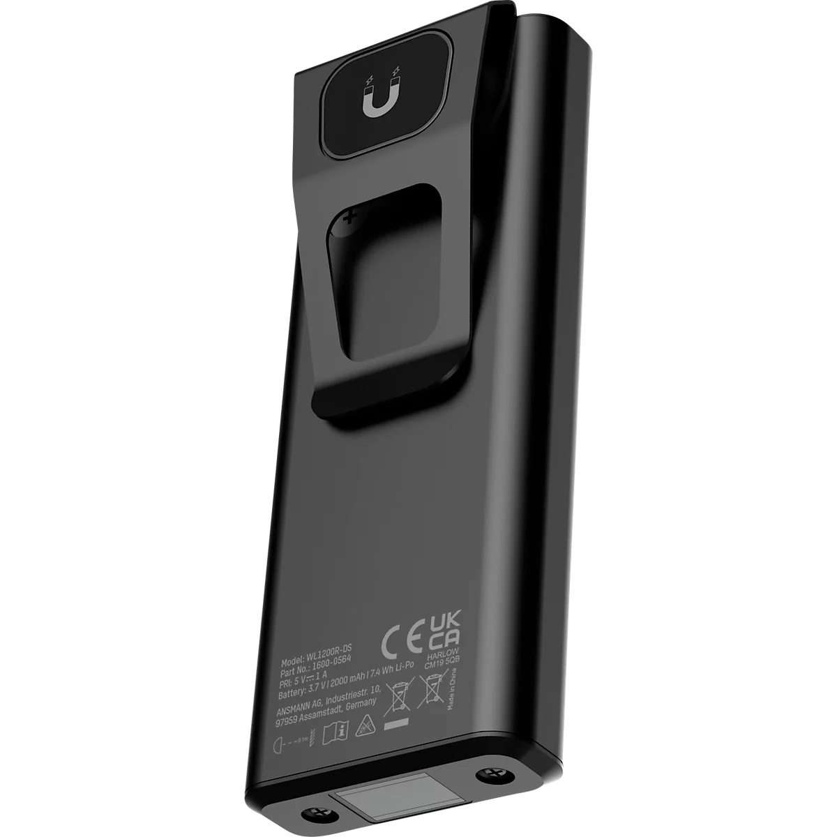 ANSMANN WL1200R-DS Lampe de travail, 1 200 lumens, batterie, IPX6/IK07, trois niveaux de luminosité, avec aimant de maintien et clip ceinture, noir