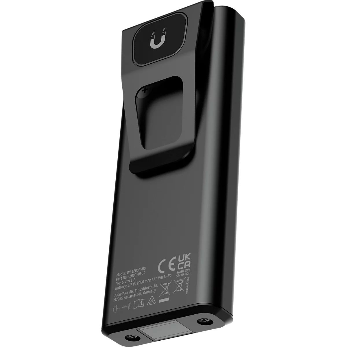 ANSMANN WL1200R-DS Lampe de travail, 1 200 lumens, batterie, IPX6/IK07, trois niveaux de luminosité, avec aimant de maintien et clip ceinture, noir
