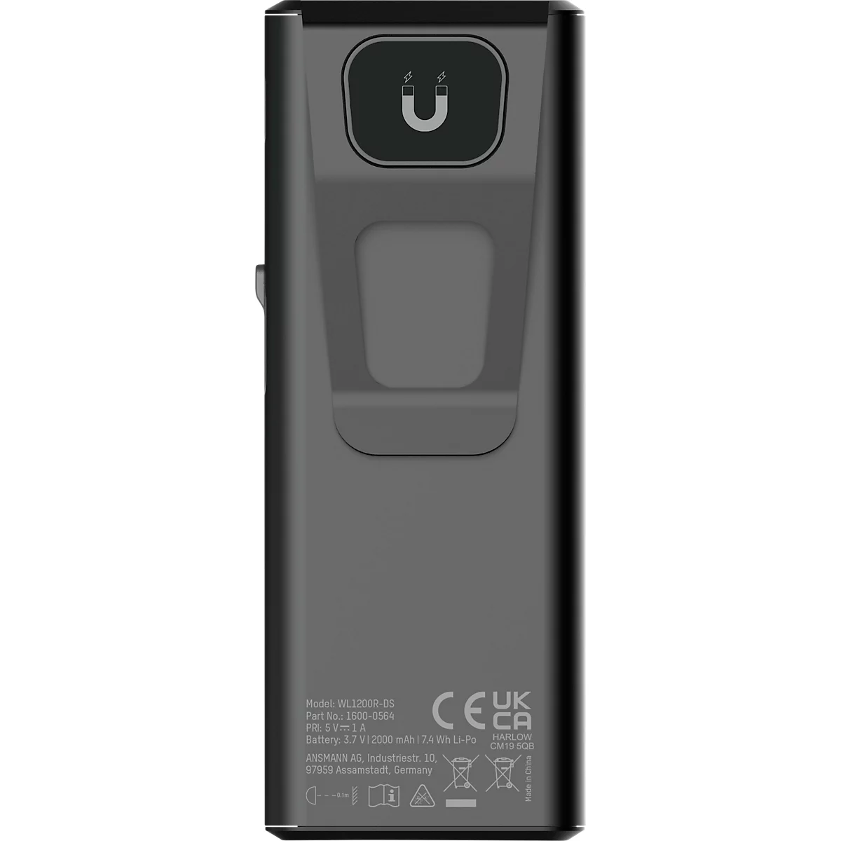 ANSMANN WL1200R-DS Lampe de travail, 1 200 lumens, batterie, IPX6/IK07, trois niveaux de luminosité, avec aimant de maintien et clip ceinture, noir