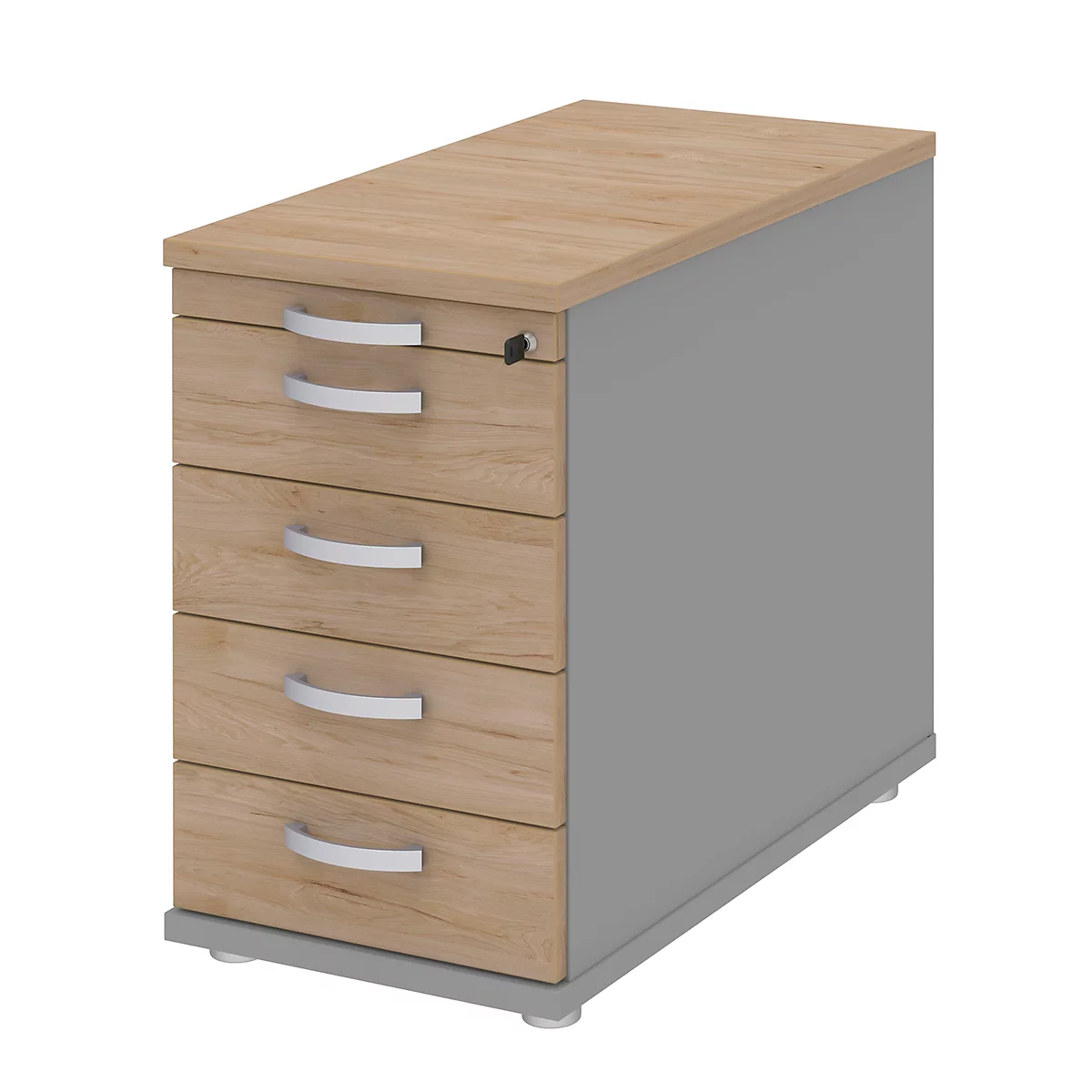 Anstellcontainer BARI, Materialauszug, 4 Schubkästen, abschließbar, B 433 x T 800 x H 720 mm, Eiche-Dekor/mittelgrau