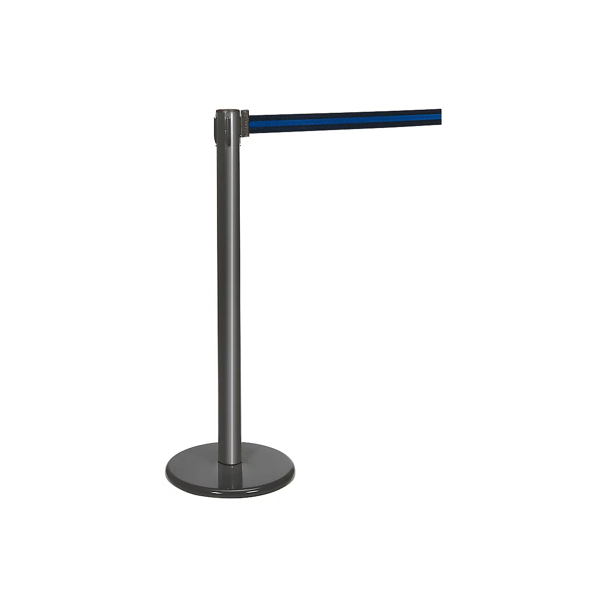 A black stanchion with a blue belt, against a white background.