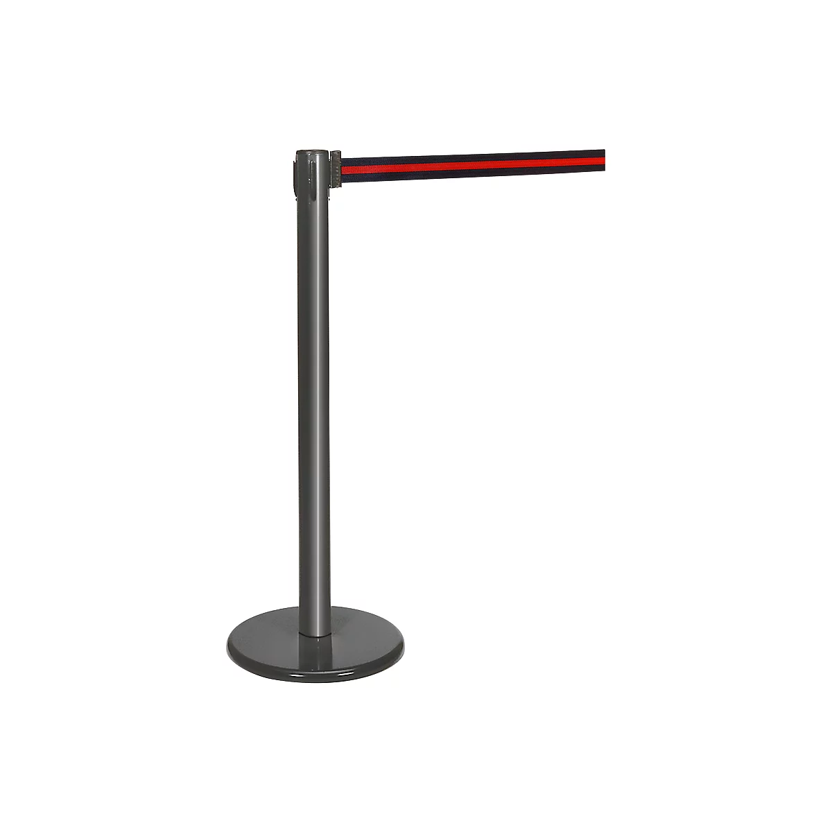 Gray barrier with a red and black strap. It is used to demarcate areas.