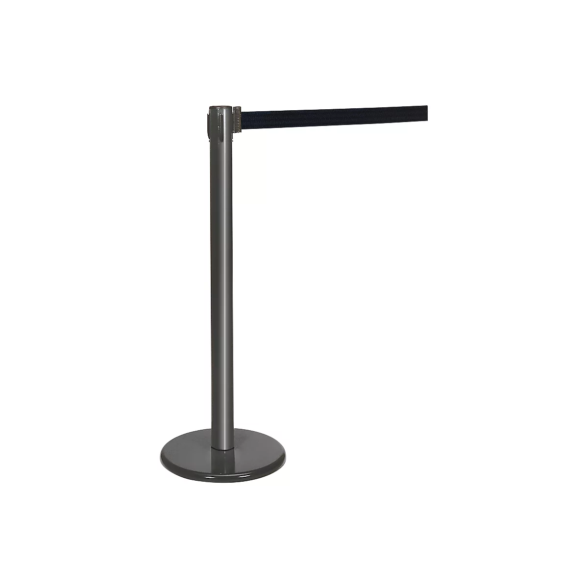 A grey stanchion with a black strap, set against a white background.