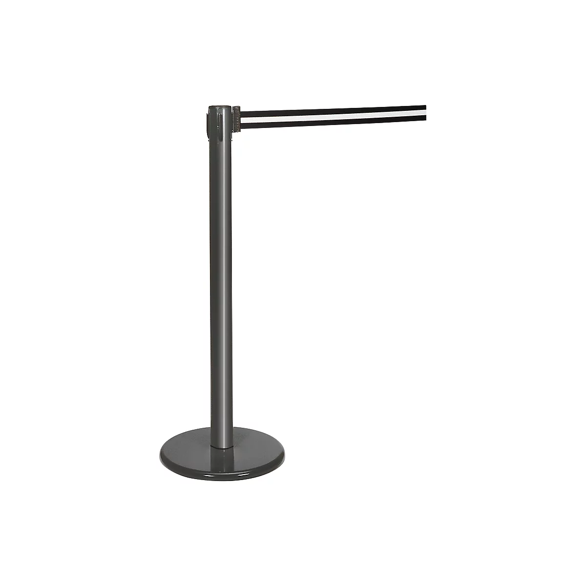 Grey stanchion with retractable black and white belt. The post has a round base.