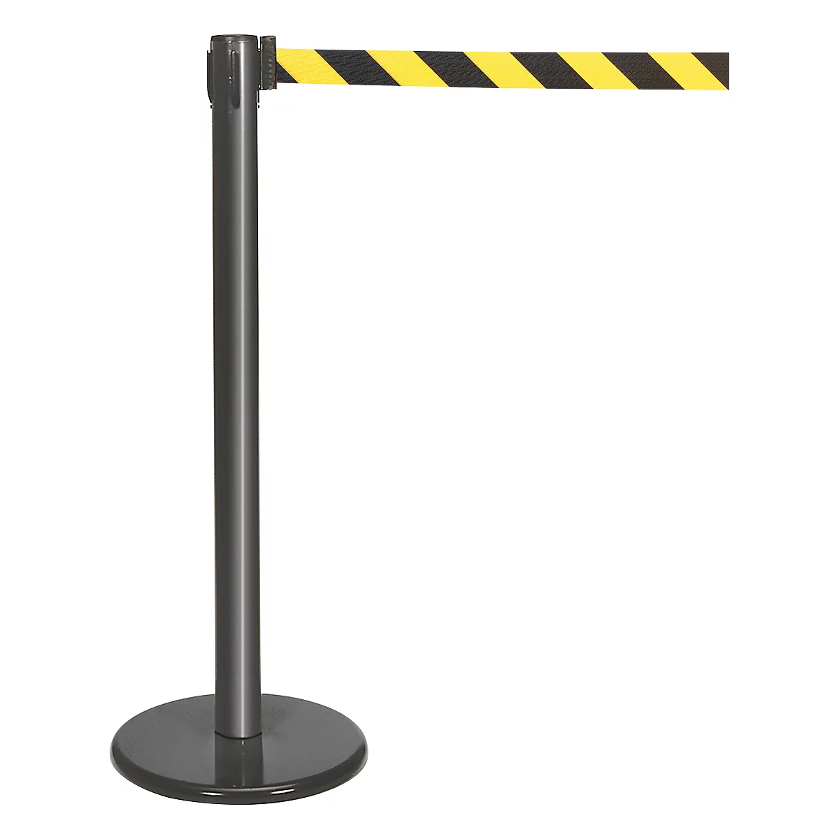 A gray stanchion with a yellow and black striped barrier tape extending to the side.